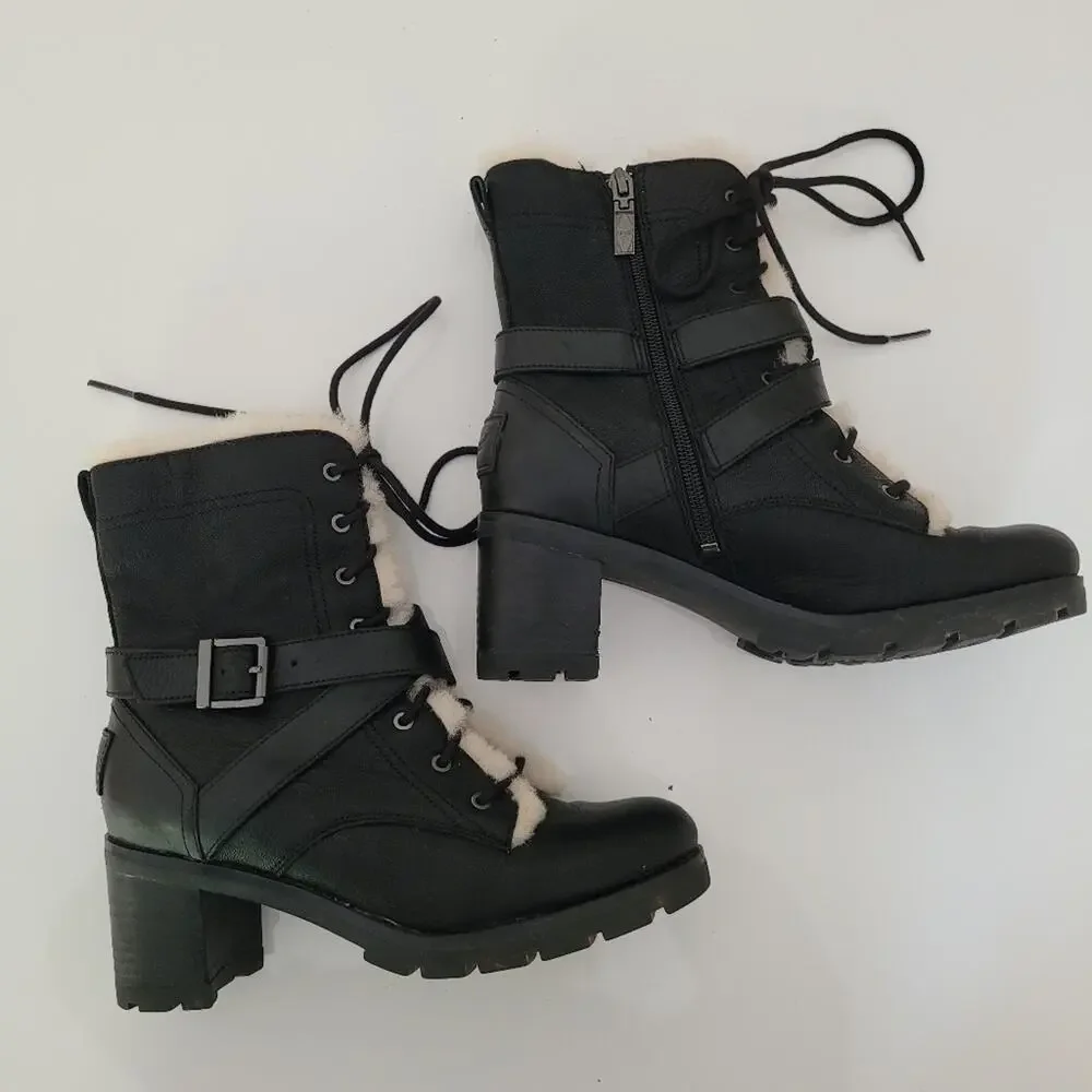 UGG Ingrid Black Leather Shearling Lug Sole Moto Combat Boots Size 7